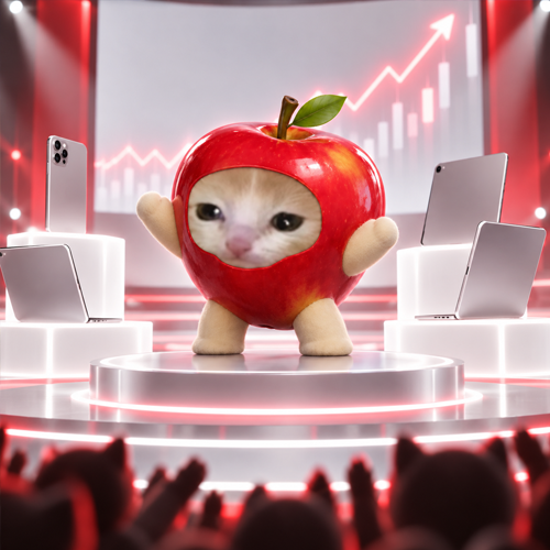 AppleCat presenting on stage between laptops