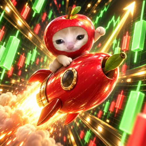 AppleCat riding a red apple rocket through the charts